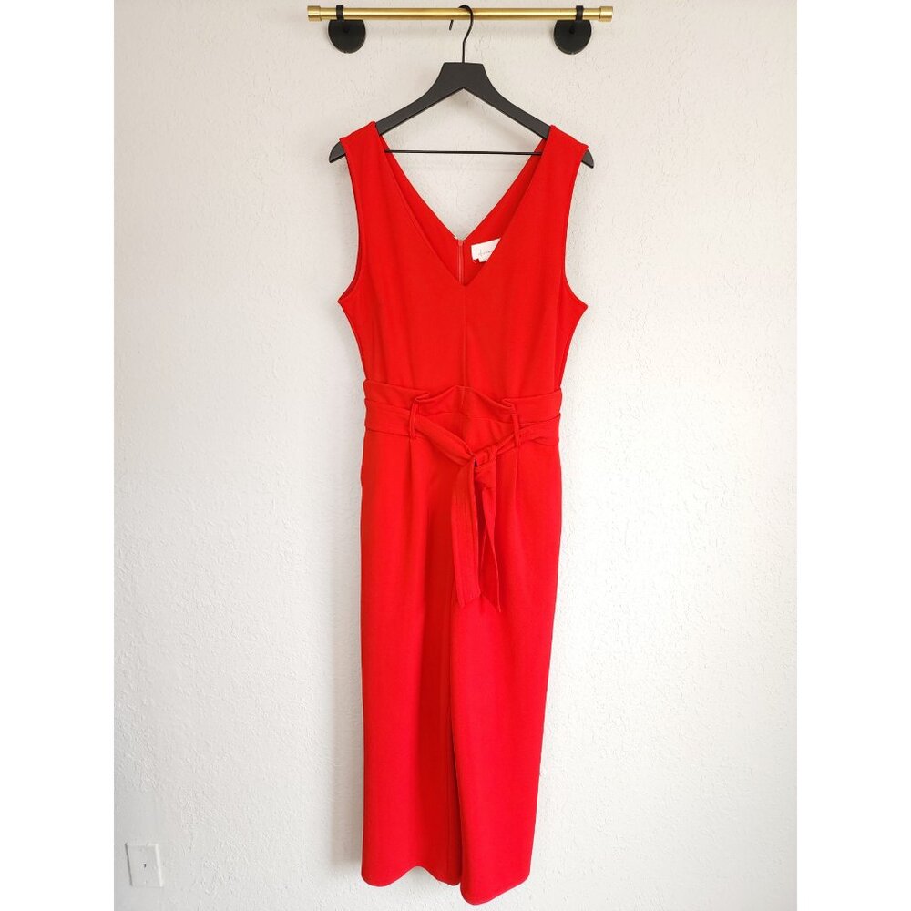 by Anthropologie L Red V-Neck Belted Pockets Cathy Structured Wide Leg Jumpsuit